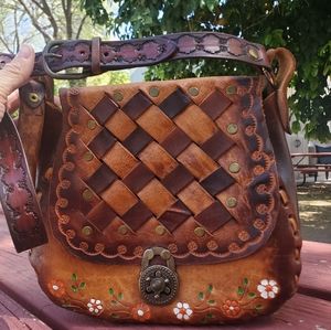 Old Mexico Boho Leather Satchel Purse Hand Tooled Hand Painted